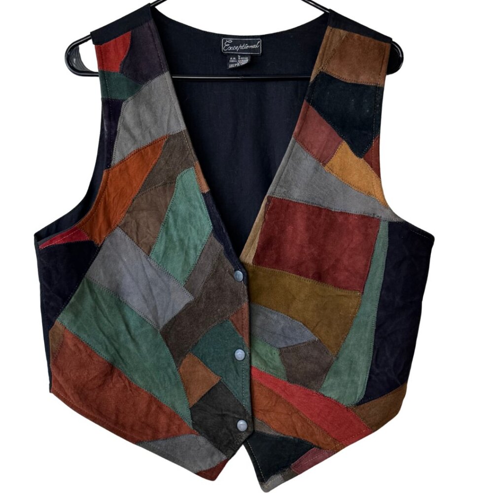 Exceptional Vest Size Small-Leather Cotton Lining-Multicolor Suede Patchwork